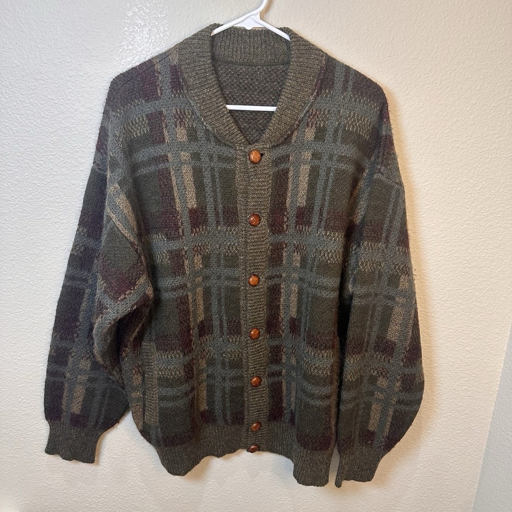 Vtg Mens Plaid Mohair Alpaca Wool Blend Cardigan Sweater XL Grandpa Brown Fuzzy
